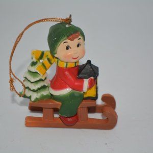 Vintage Boy on Sled Winter Christmas Tree Ornament 2.5"